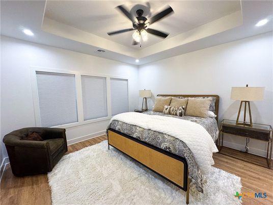 Bedroom, Interior, Recessed Lighting, Wood Texture Flooring