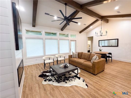 Dining room, Interior, Living room, Pendant Lights, Recessed Lighting, Wooden Beams, Wood Texture Flooring