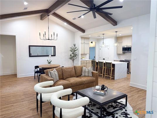 Dining room, Interior, Kitchen, Living room, Pendant Lights, Recessed Lighting, Stainless Steel Appliances, Wooden Beams, Wood Texture Flooring