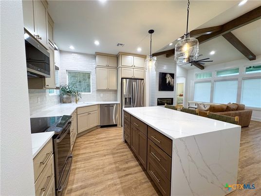 Interior, Kitchen, Pendant Lights, Recessed Lighting, Stainless Steel Appliances, Wooden Beams, Wood Texture Flooring