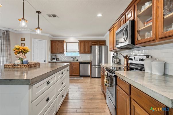 Interior, Kitchen, Pendant Lights, Recessed Lighting, Stainless Steel Appliances, Wood Texture Flooring