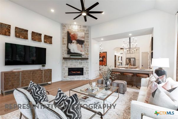 Fireplace, Interior, Kitchen, Living room, Pendant Lights, Recessed Lighting, Stone Walls, Wood Texture Flooring