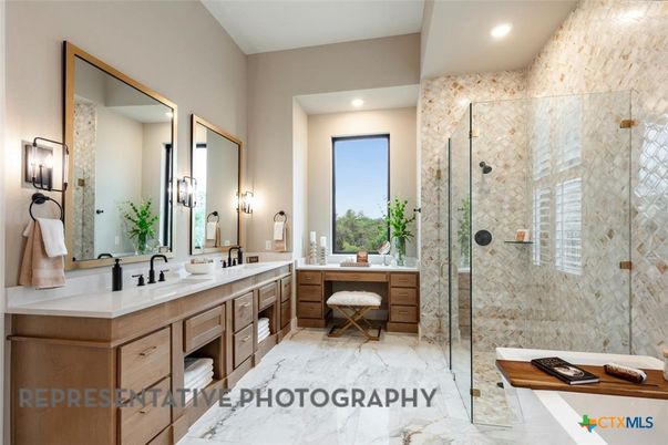 Bathroom, Dual Sink Vanities, Glass Shower, Interior, Marble, Recessed Lighting