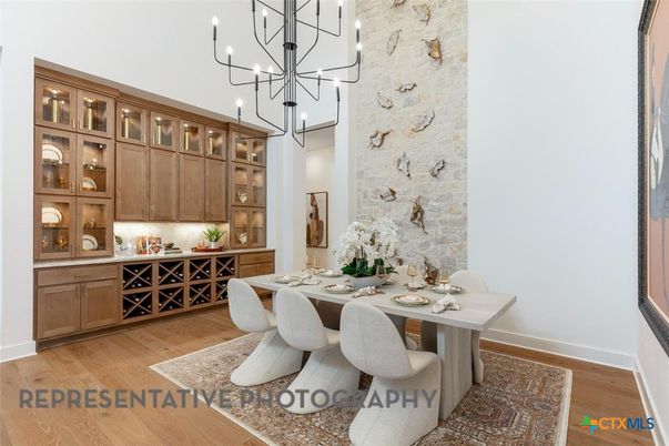 Chandelier, Dining room, Interior, Pendant Lights, Stone Walls, Wood Texture Flooring