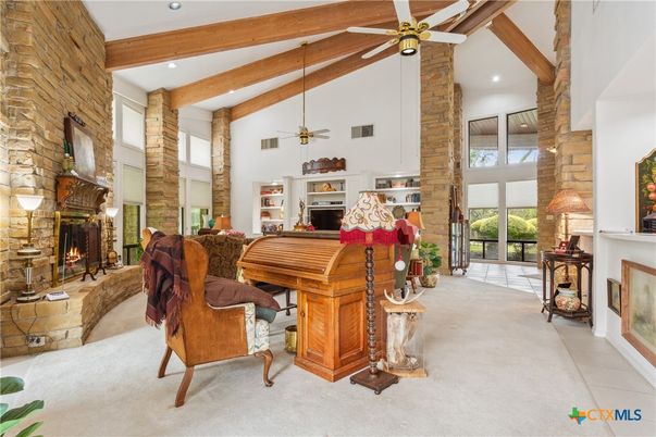 Fireplace, Interior, Living room, Recessed Lighting, Stone Walls, Wooden Beams