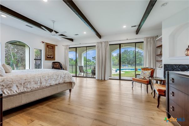 Bedroom, Fireplace, Interior, Recessed Lighting, Wooden Beams, Wood Texture Flooring