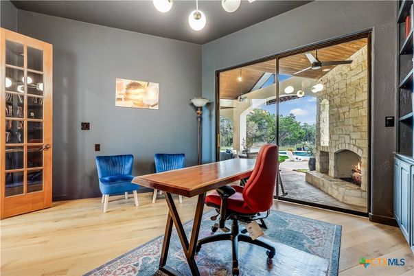 Fireplace, Home Office, Interior, Pendant Lights, Stone Walls, Wood Texture Flooring