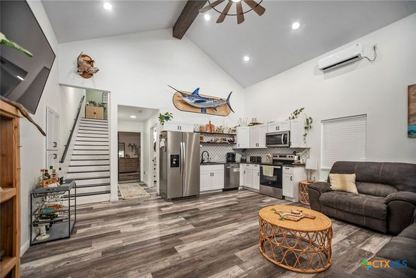 Interior, Kitchen, Living room, Recessed Lighting, Stainless Steel Appliances, Wooden Beams, Wood Texture Flooring