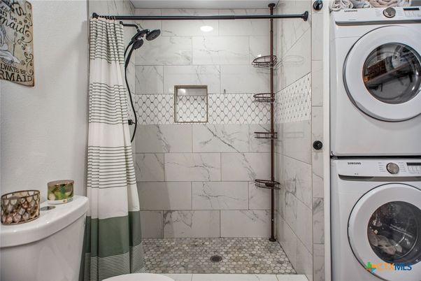 Bathroom, Glass Shower, Interior, Marble Walls, Utility Closets, Washer
