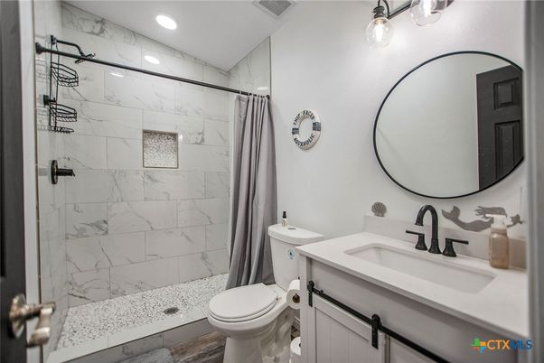 Bathroom, Glass Shower, Interior, Marble Walls, Recessed Lighting