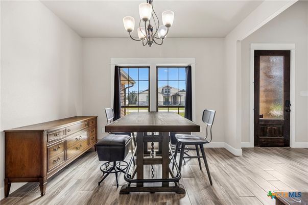 Chandelier, Dining room, Interior, Wood Texture Flooring