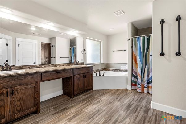 Bathroom, Dual Sink Vanities, Interior, Recessed Lighting, Wood Texture Flooring