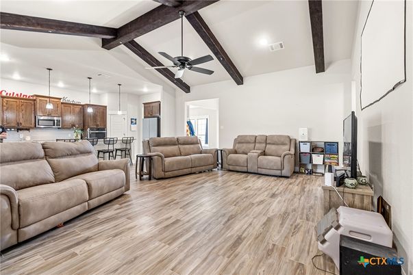 Interior, Kitchen, Living room, Pendant Lights, Recessed Lighting, Wooden Beams, Wood Texture Flooring
