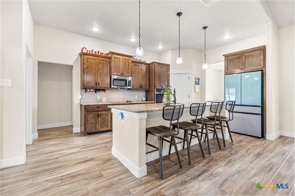 Interior, Kitchen, Pendant Lights, Recessed Lighting, Wood Texture Flooring
