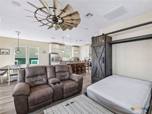 Dining room, Interior, Kitchen, Living room, Pendant Lights, Recessed Lighting, Stainless Steel Appliances, Wood Texture Flooring
