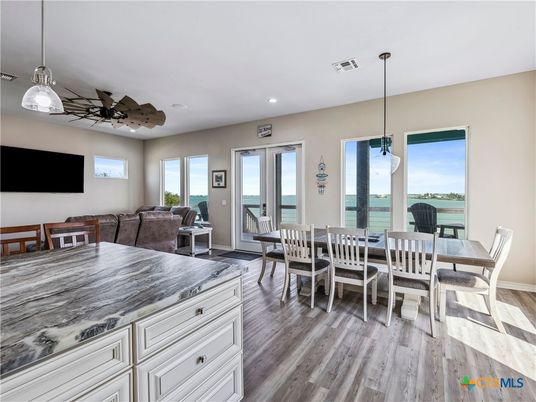 Dining room, Interior, Living room, Pendant Lights, Recessed Lighting, Wood Texture Flooring