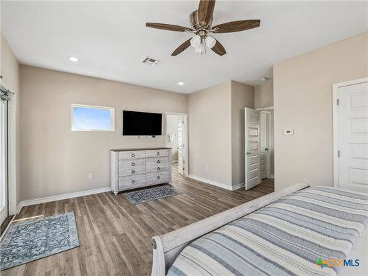Bedroom, Interior, Recessed Lighting, Wood Texture Flooring