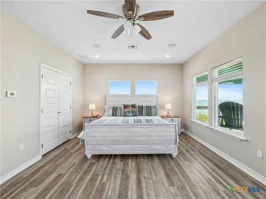 Bedroom, Interior, Recessed Lighting, Wood Texture Flooring