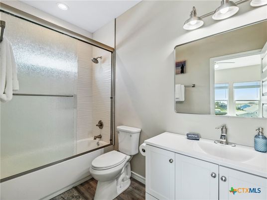 Bathroom, Glass Shower, Interior, Recessed Lighting, Wood Texture Flooring