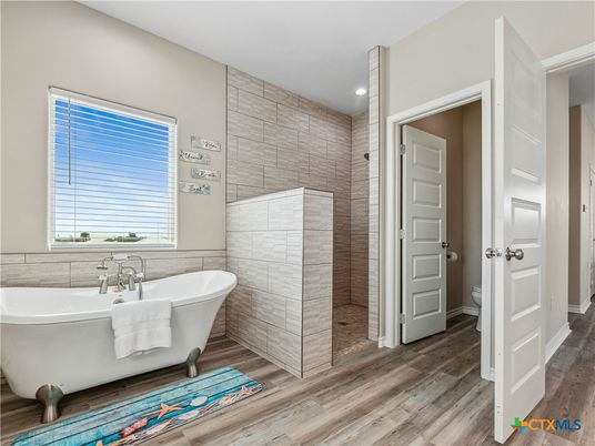 Bathroom, Free Standing Baths, Interior, Recessed Lighting, Wood Texture Flooring