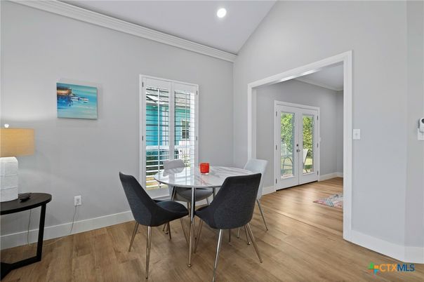 Dining room, Interior, Recessed Lighting, Wood Texture Flooring