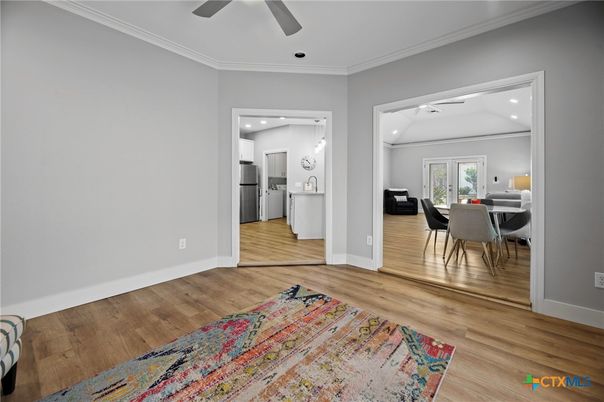Dining room, Interior, Kitchen, Pendant Lights, Recessed Lighting, Stainless Steel Appliances, Wood Texture Flooring