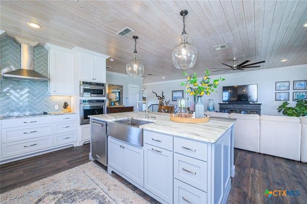 Interior, Kitchen, Pendant Lights, Recessed Lighting, Stainless Steel Appliances, Wooden Ceilings, Wood Texture Flooring
