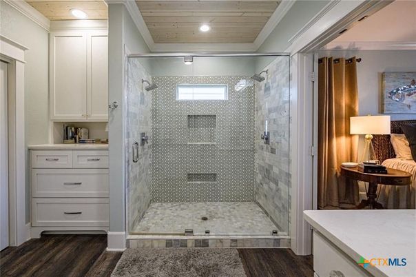 Bathroom, Glass Shower, Interior, Recessed Lighting, Wood Texture Flooring