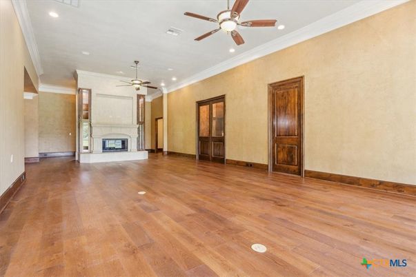 Empty room, Fireplace, Interior, Recessed Lighting, Wood Texture Flooring