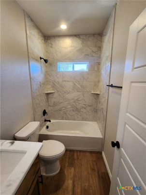 Bathroom, Interior, Marble Walls, Recessed Lighting, Wood Texture Flooring