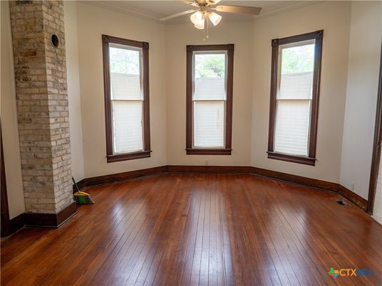 Empty room, Fireplace, Interior, Stone Walls, Wood Texture Flooring