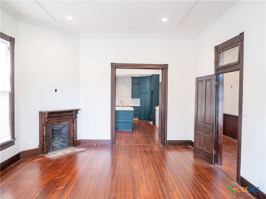 Fireplace, Interior, Recessed Lighting, Wood Texture Flooring