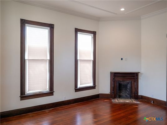 Empty room, Fireplace, Interior, Recessed Lighting, Wood Texture Flooring