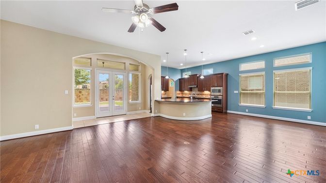 Empty room, Interior, Kitchen, Pendant Lights, Recessed Lighting, Wood Texture Flooring