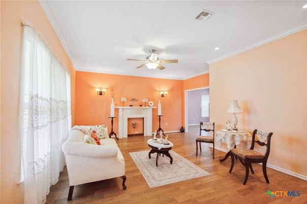 Fireplace, Interior, Living room, Recessed Lighting, Wood Texture Flooring