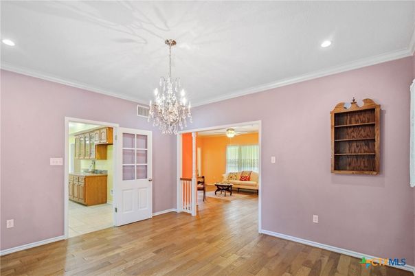 Chandelier, Empty room, Interior, Recessed Lighting, Wood Texture Flooring