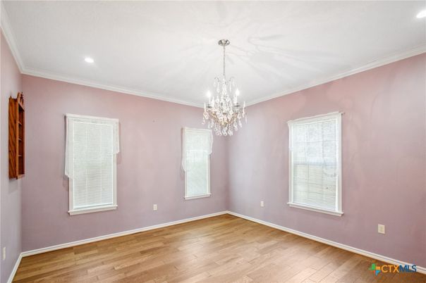 Chandelier, Empty room, Interior, Recessed Lighting, Wood Texture Flooring
