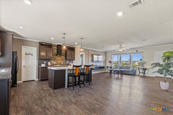 Dining room, Interior, Kitchen, Pendant Lights, Recessed Lighting, Wood Texture Flooring