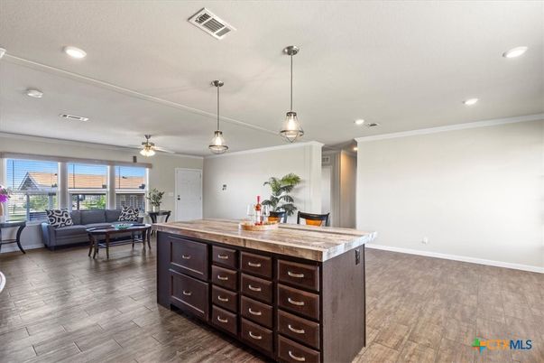 Interior, Kitchen, Living room, Pendant Lights, Recessed Lighting, Wood Texture Flooring