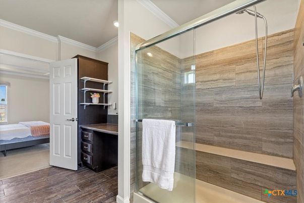 Bathroom, Bedroom, Glass Shower, Interior, Recessed Lighting, Wood Texture Flooring