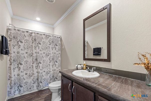 Bathroom, Interior, Recessed Lighting, Tile Countertops, Wood Texture Flooring