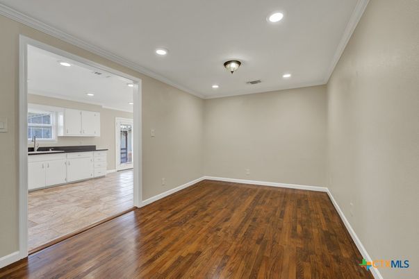 Empty room, Interior, Kitchen, Recessed Lighting, Wood Texture Flooring