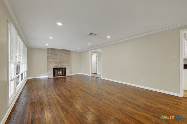 Empty room, Fireplace, Interior, Recessed Lighting, Wood Texture Flooring