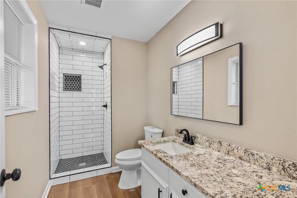 Bathroom, Glass Shower, Interior, Recessed Lighting, Wood Texture Flooring