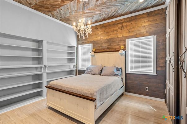 Bedroom, Chandelier, Interior, Recessed Lighting, Wooden Ceilings, Wood Texture Flooring, Wooden Walls