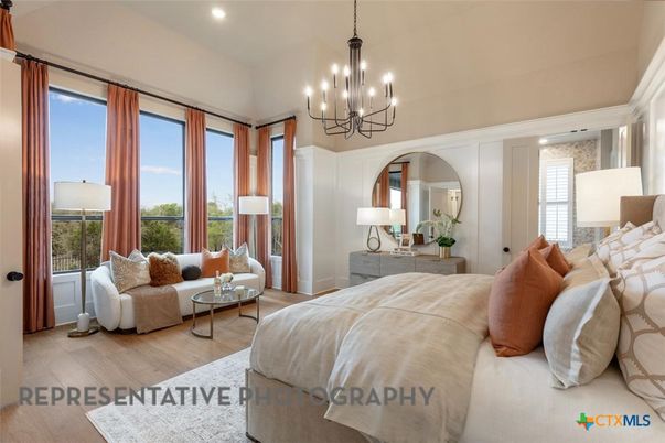 Bedroom, Chandelier, Interior, Recessed Lighting, Wood Texture Flooring