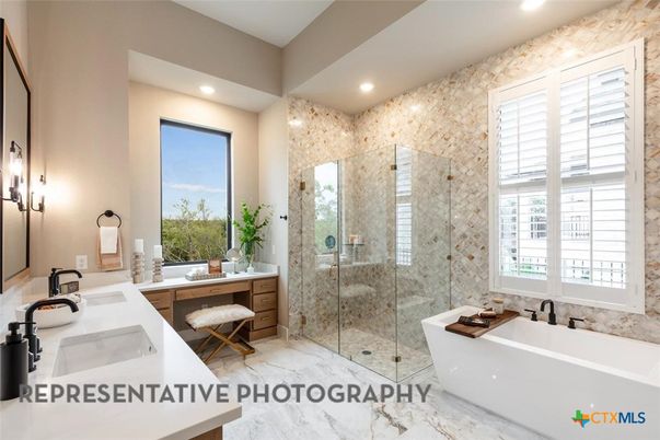 Bathroom, Dual Sink Vanities, Free Standing Baths, Glass Shower, Interior, Marble, Recessed Lighting