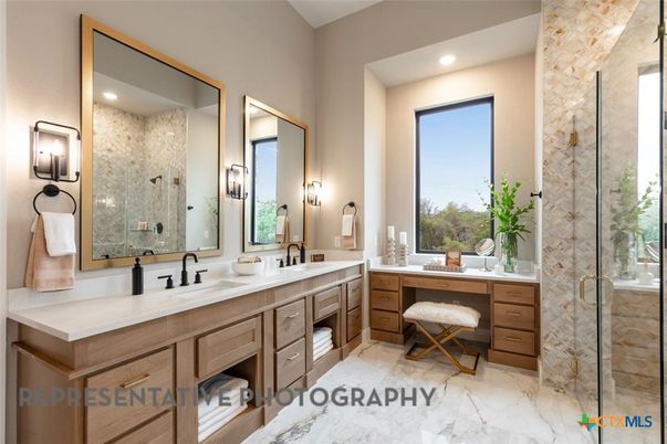 Bathroom, Dual Sink Vanities, Glass Shower, Interior, Marble, Recessed Lighting