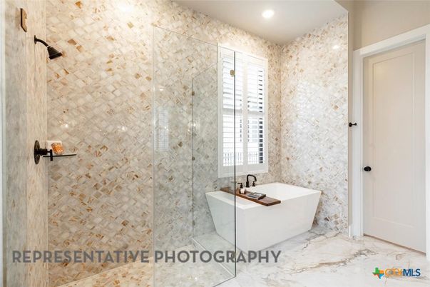Bathroom, Free Standing Baths, Glass Shower, Interior, Marble, Recessed Lighting