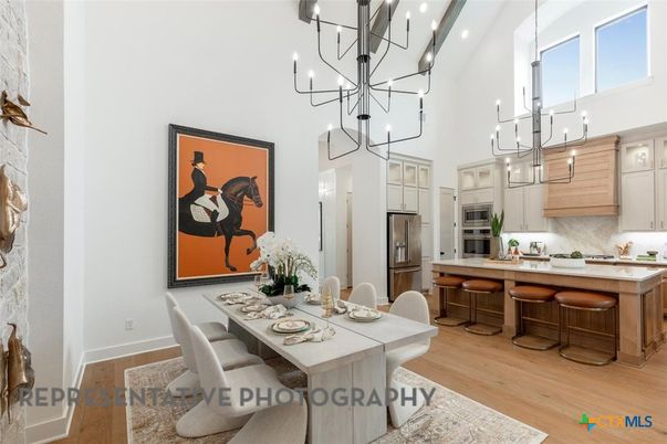 Chandelier, Dining room, Interior, Kitchen, Pendant Lights, Recessed Lighting, Wood Texture Flooring